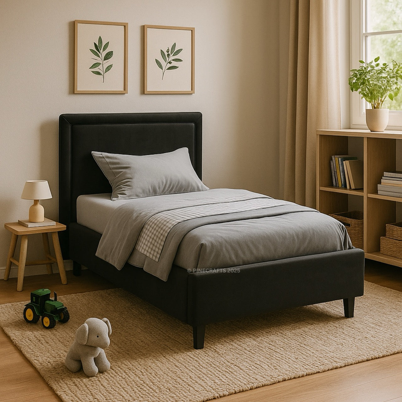 Children's bedroom with a black bed, toys, and a bookshelf.