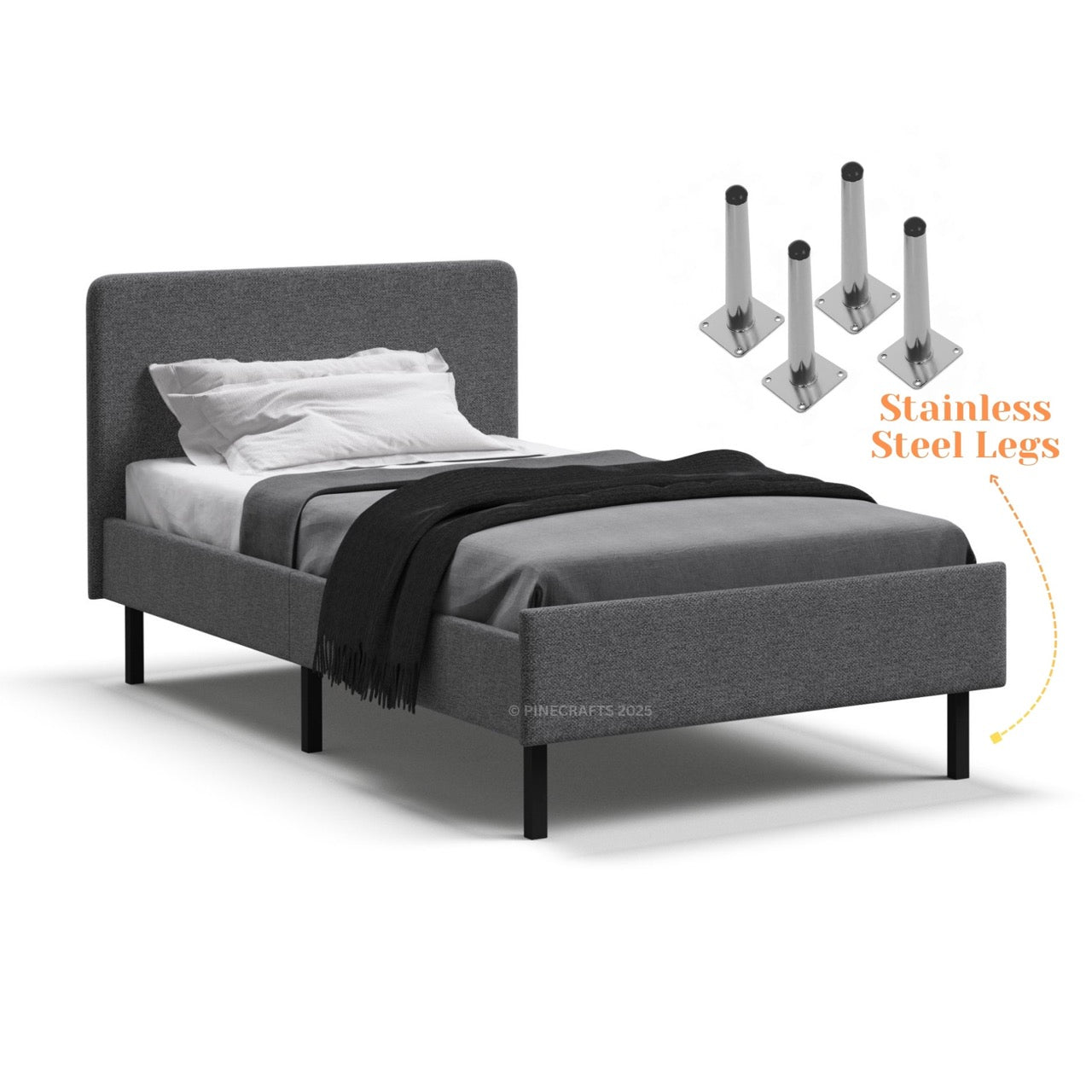 Gray upholstered bed with stainless steel legs on a white background