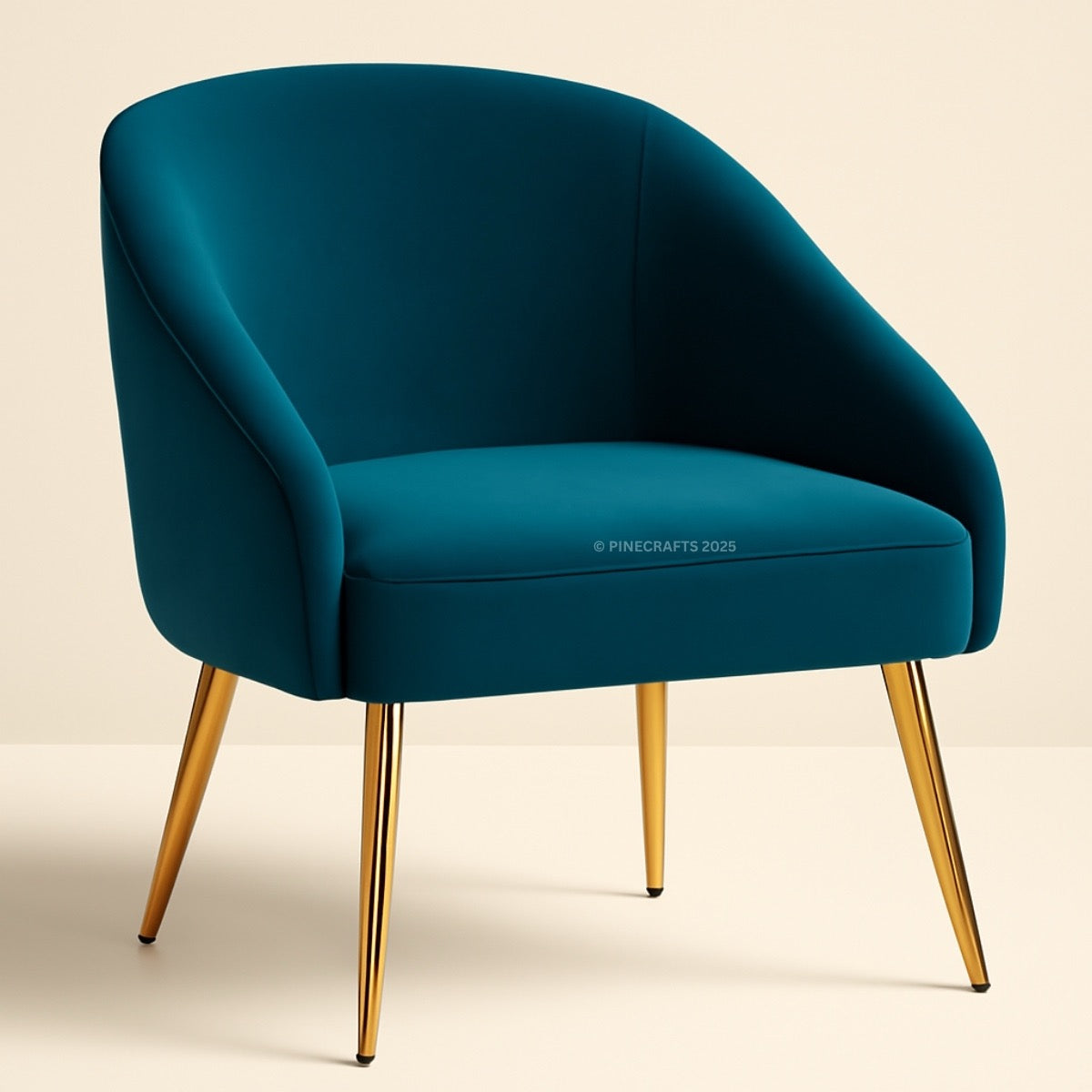Blue armchair with gold legs on a beige background