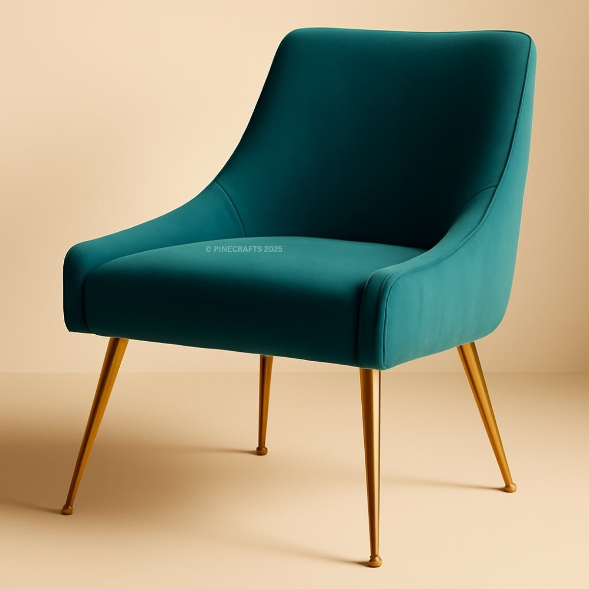 Teal chair with gold legs on a beige background