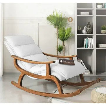 Modern wooden rocking chair with white cushion in stylish living room, CRUZ INTERNATIONAL furniture
