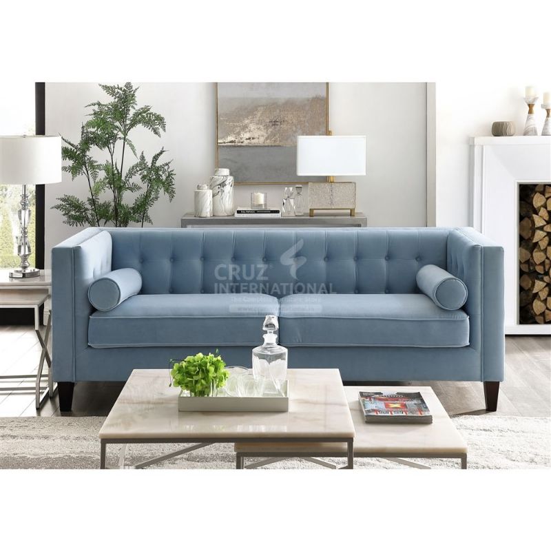 Blue tufted sofa in modern living room with coffee table, decor accents, and indoor plant from CRUZ INTERNATIONAL furniture store.