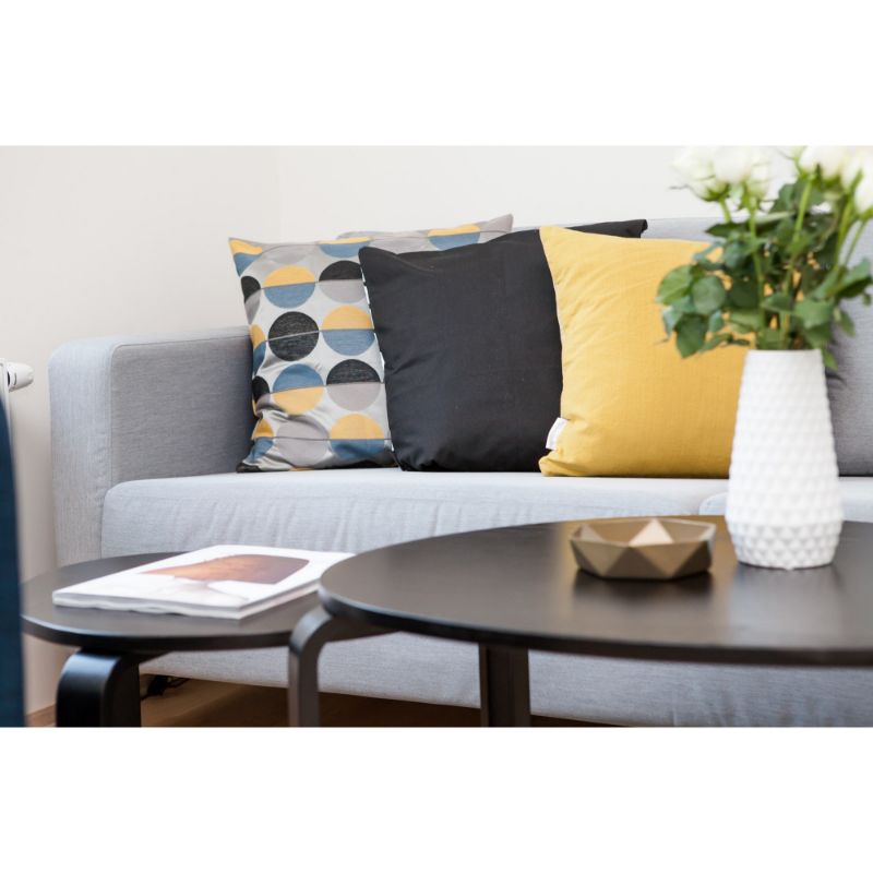 Modern grey sofa with colorful cushions, coffee table, and white vase at CRUZ INTERNATIONAL furniture store