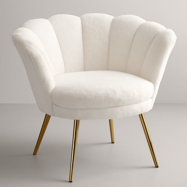 White armchair with gold legs on a light gray background