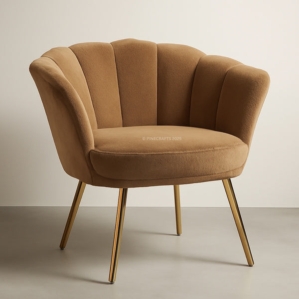 Brown armchair with gold legs on a plain background