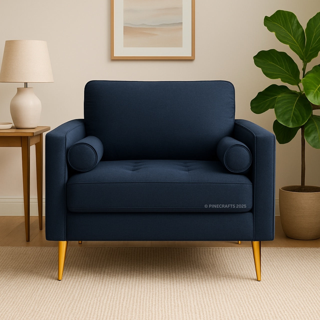 Navy blue armchair with gold legs in a room with a lamp, table, and plant.