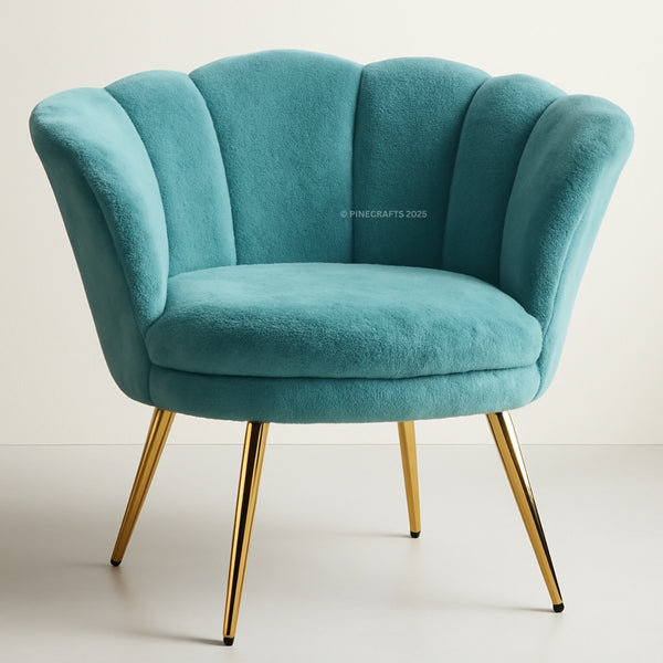 Teal armchair with gold legs on a light background