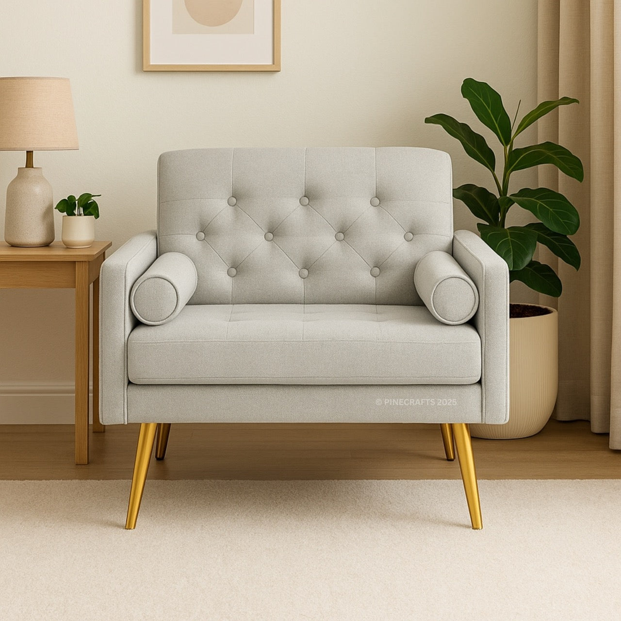Gray tufted chair with gold legs in a living room setting