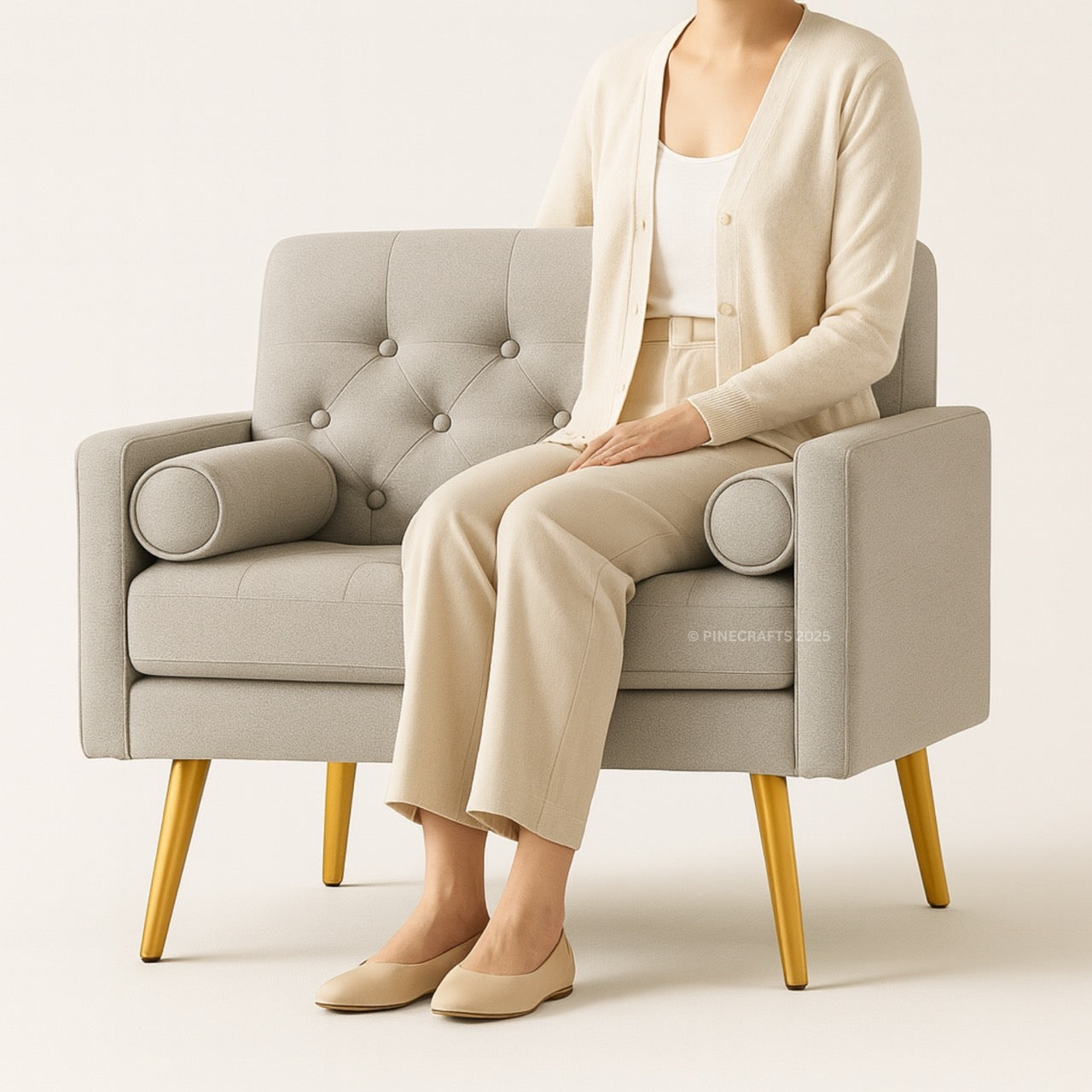 Person sitting on a gray armchair with gold legs wearing a beige outfit.