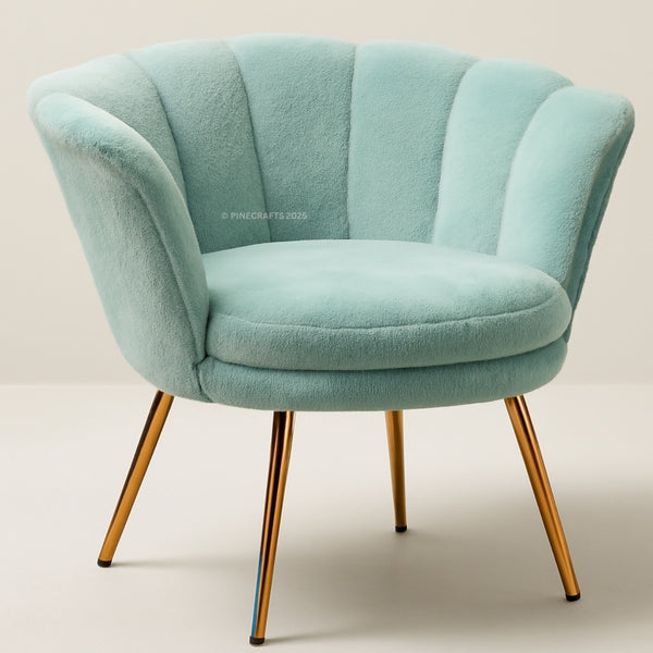 Light blue armchair with gold legs on a beige background