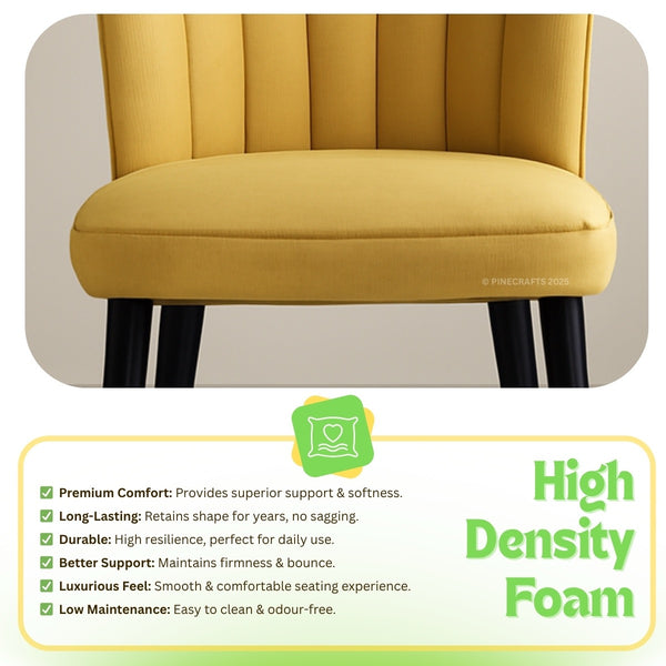 Yellow cushioned chair with high density foam text and features on a beige background