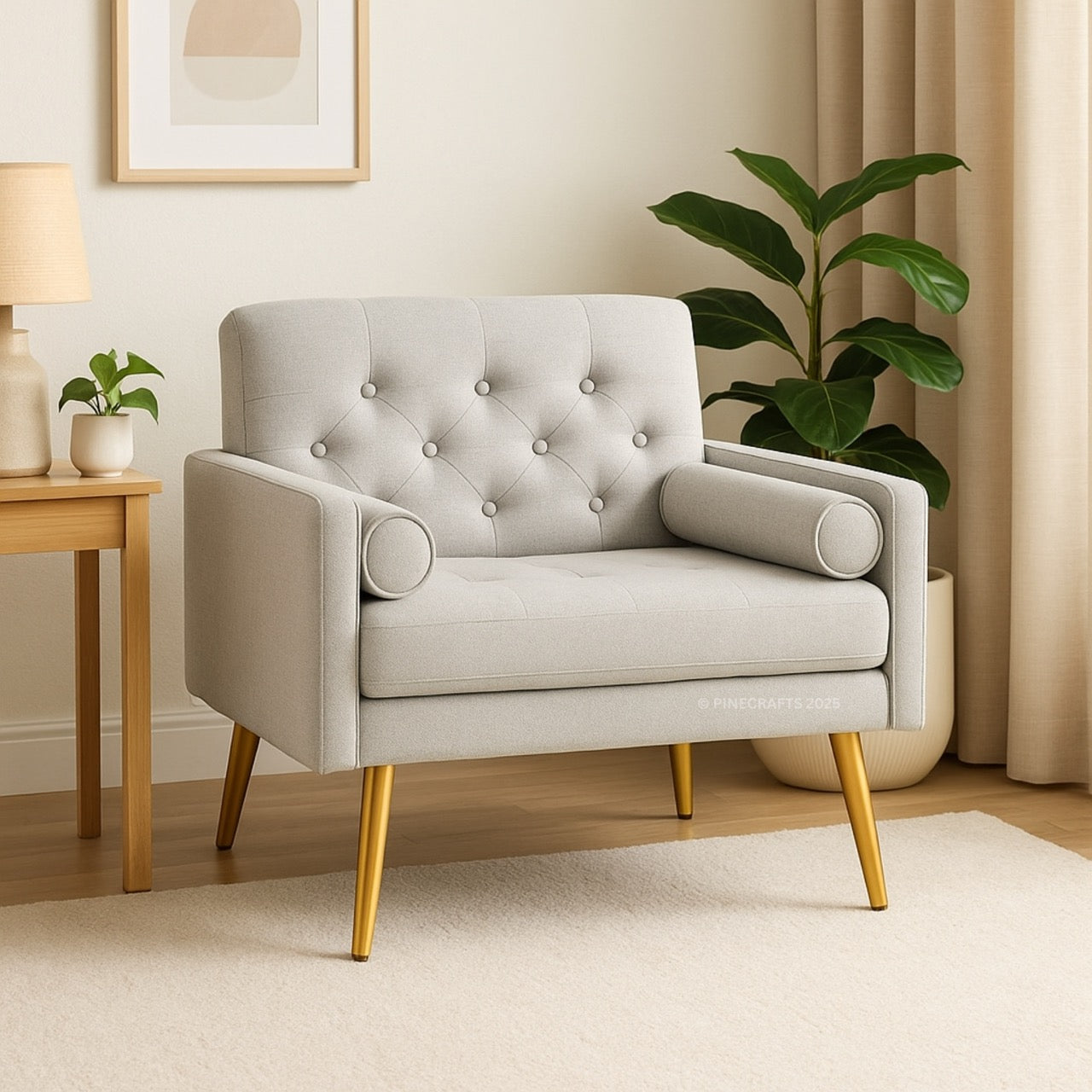 Gray armchair with gold legs in a living room setting