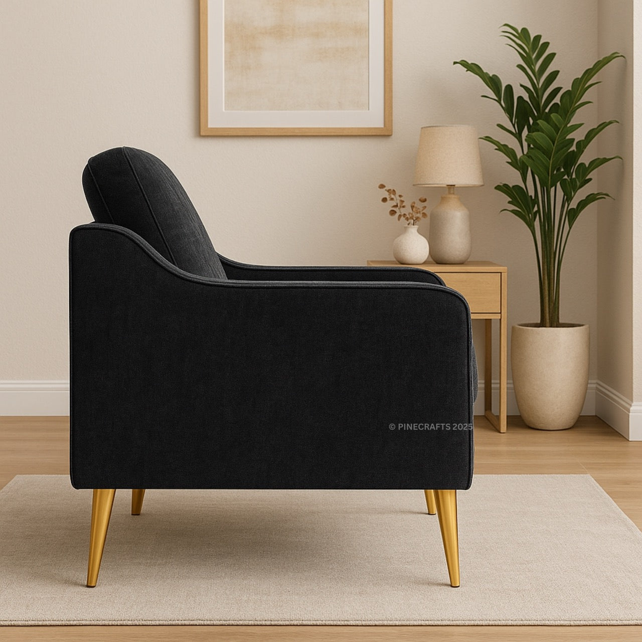 Black armchair with gold legs in a living room setting