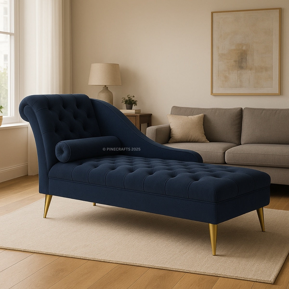 Navy blue chaise lounge with gold legs in a living room setting.