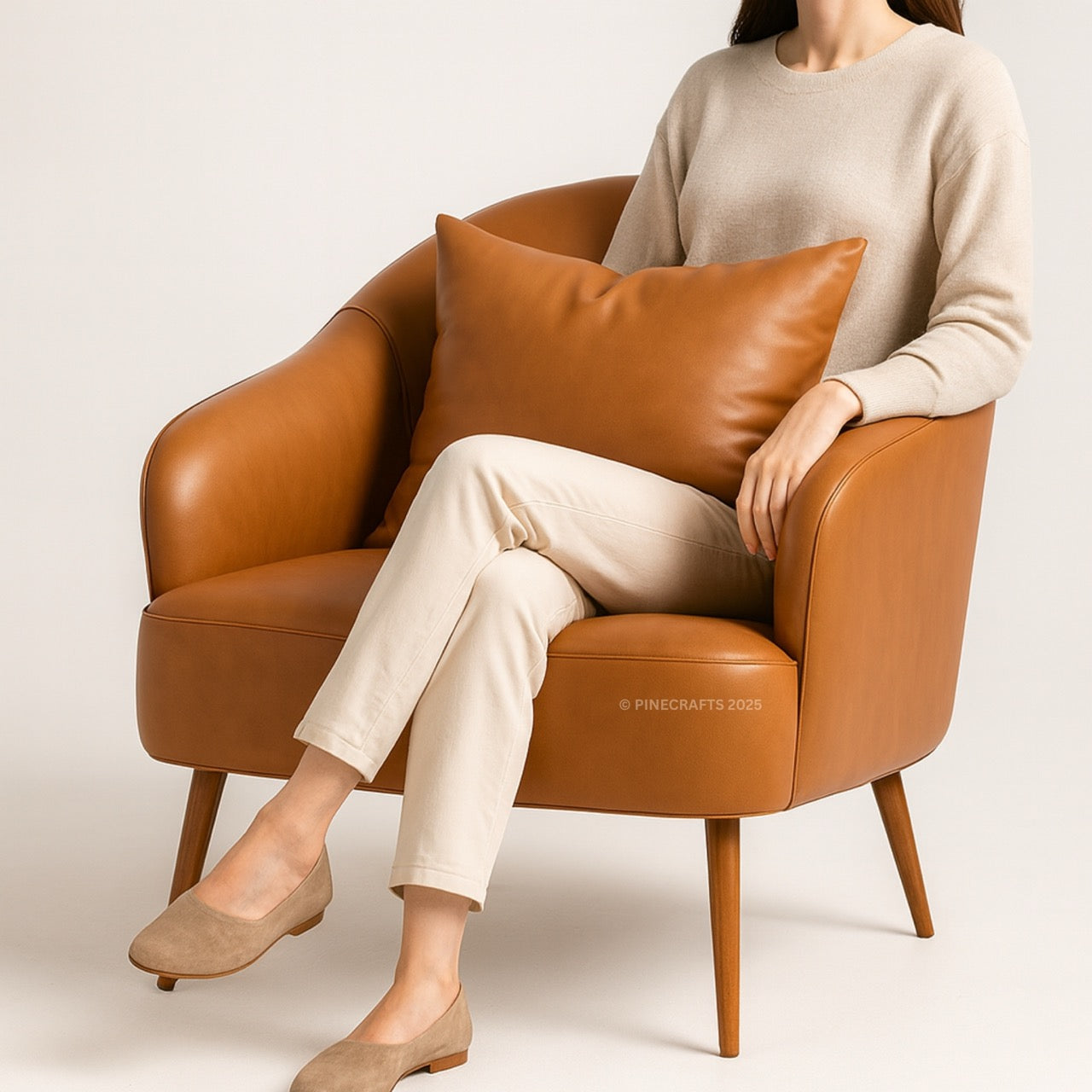 Person sitting on a brown leather armchair with a beige cushion, wearing a beige sweater and pants.