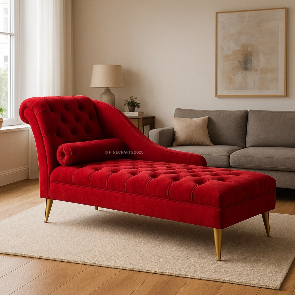 Red tufted chaise lounge in a living room setting with a gray sofa and lamp.