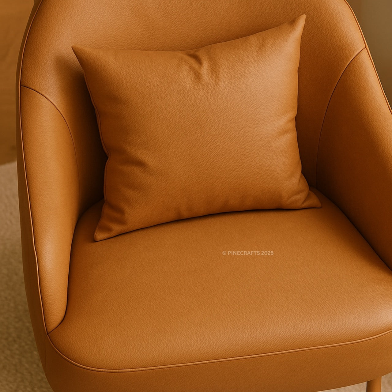 Brown leather chair with a matching brown pillow on a beige background