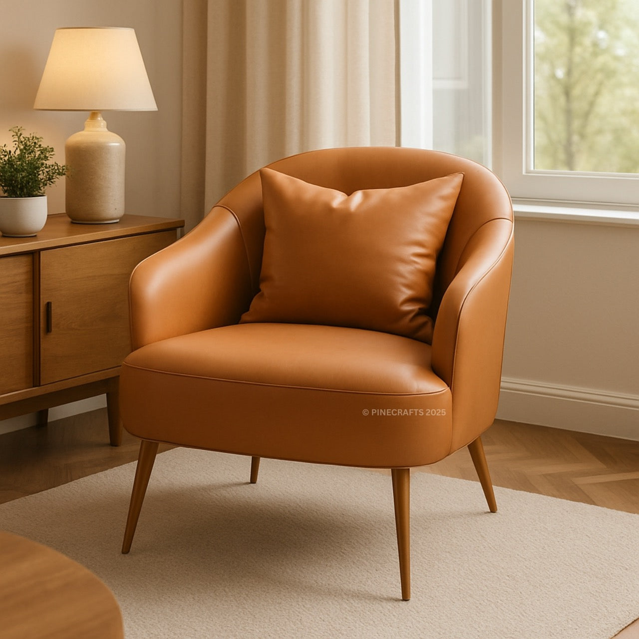 Brown leather armchair with a pillow in a room with a lamp and plant.