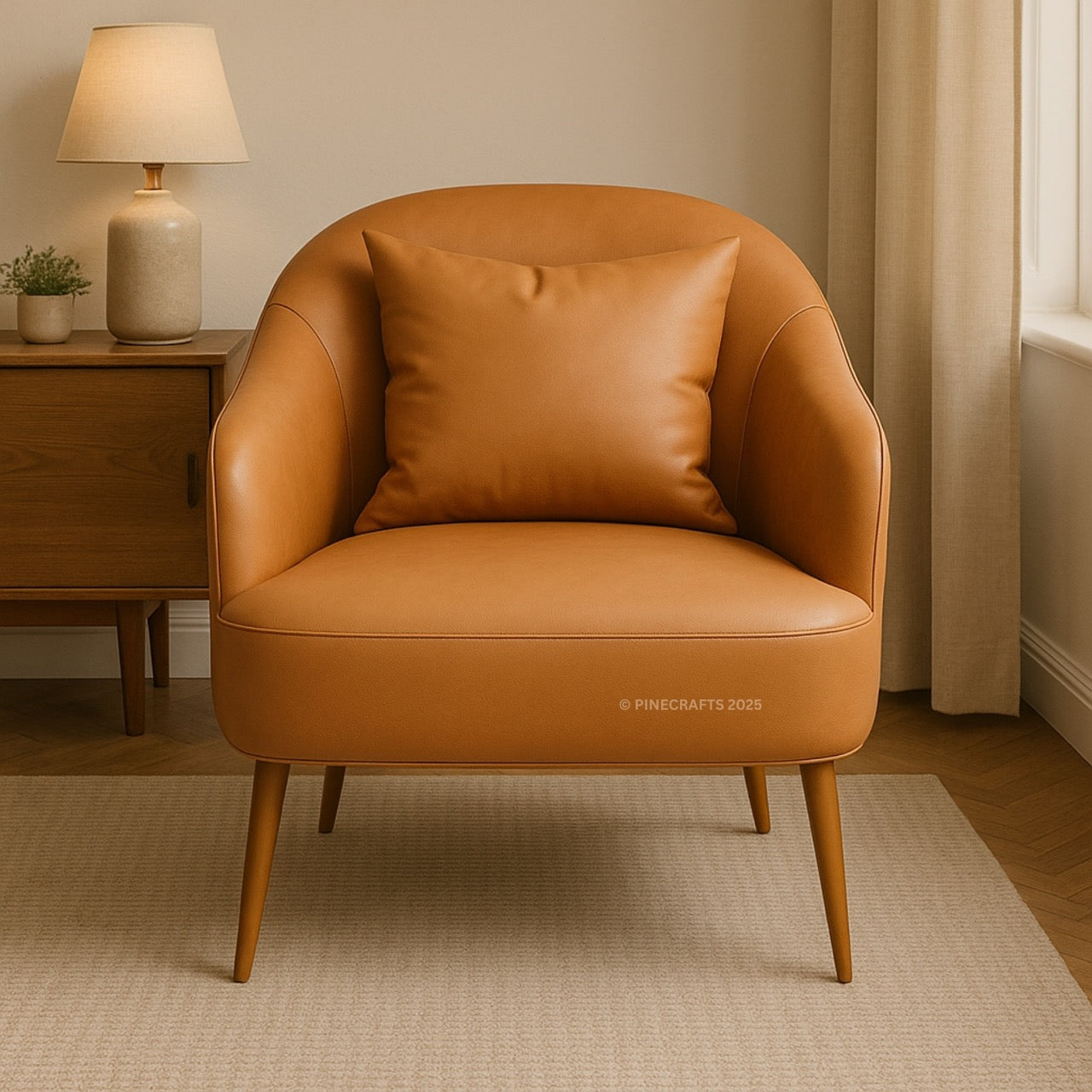 Brown leather armchair in a room with a lamp and plant on a side table.