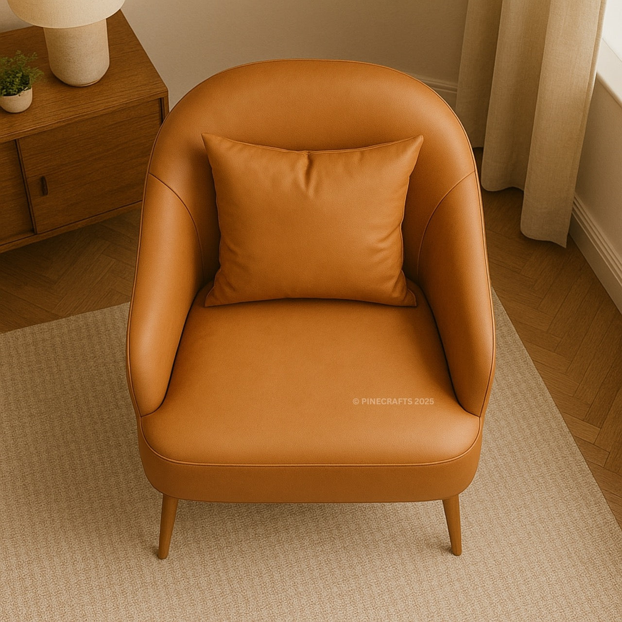 Brown leather armchair with a pillow on a beige rug in a room.