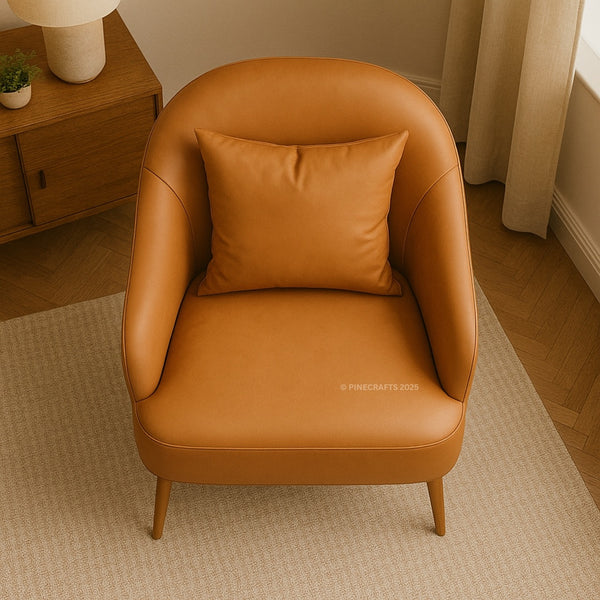 Brown leather armchair with a pillow on a beige rug in a room.
