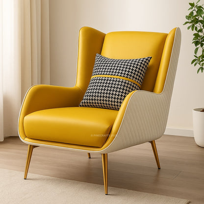 Yellow armchair with a patterned pillow in a room setting
