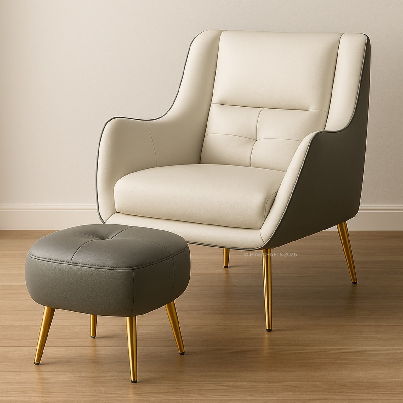 Modern armchair with matching ottoman on a wooden floor against a plain wall.