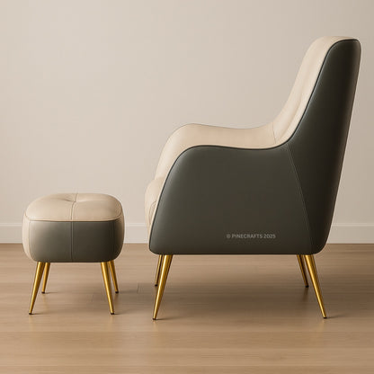Modern armchair with gold legs and matching ottoman on a wooden floor.