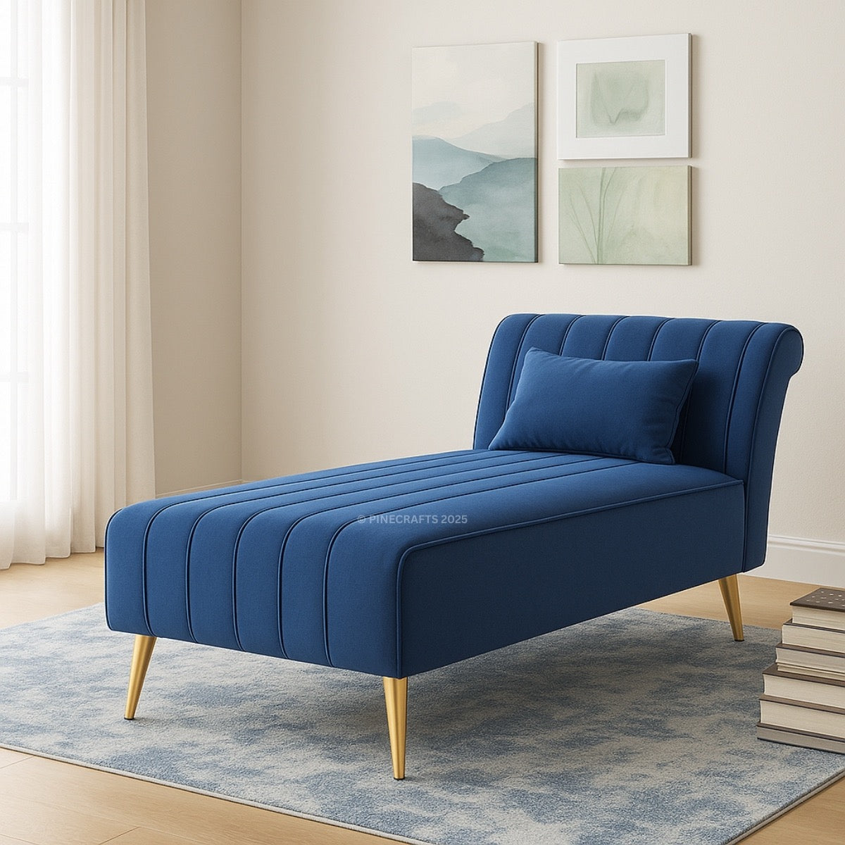 Blue chaise lounge in a room with light-colored walls and decor