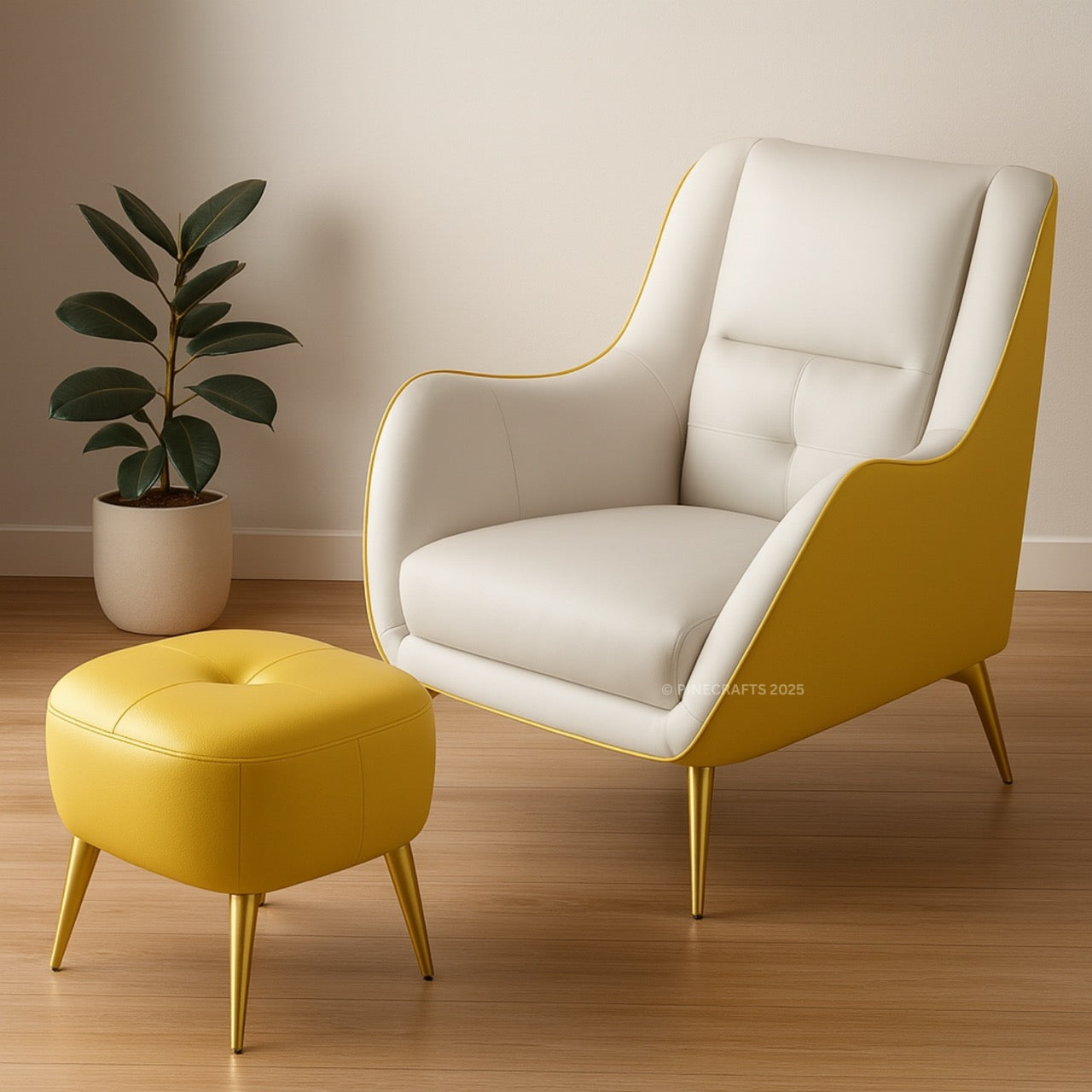White armchair with yellow accents and matching ottoman in a room with a plant.