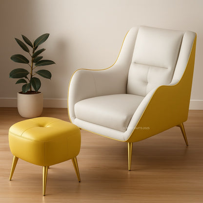 White armchair with yellow accents and matching ottoman in a room with a plant.