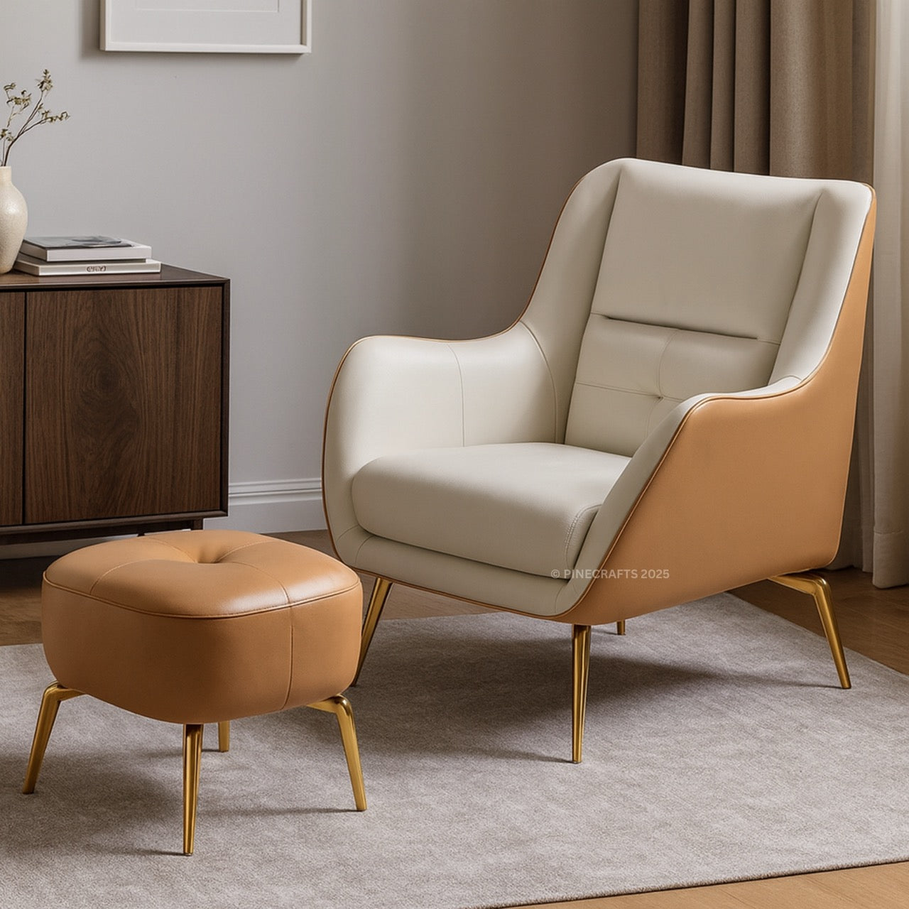 Beige armchair with matching ottoman in a room setting