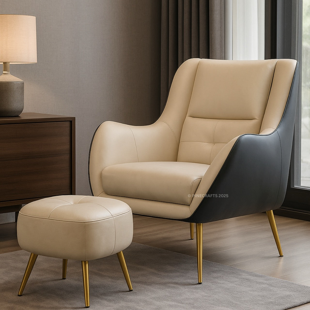 Beige armchair with ottoman in a modern room setting
