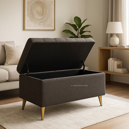 Gray storage bench with open lid in a living room setting