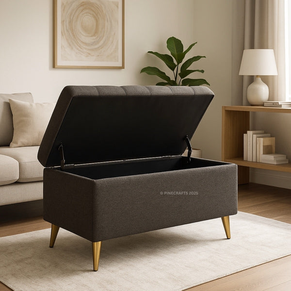 Gray storage bench with open lid in a living room setting