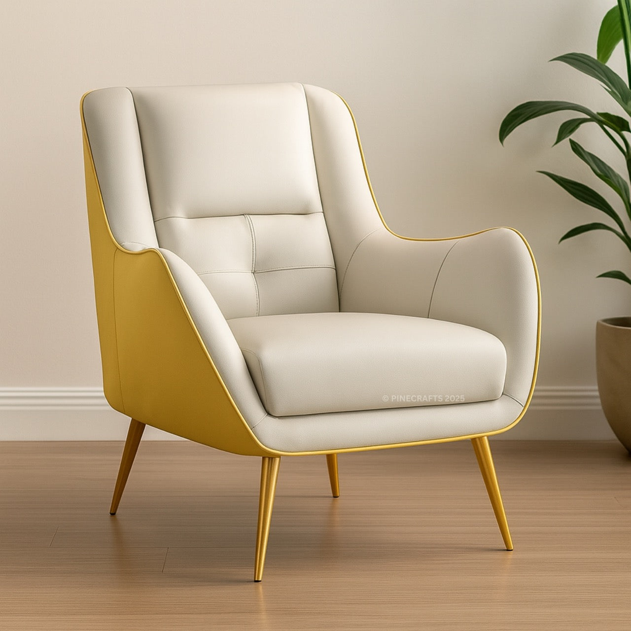 Modern armchair with white cushion and yellow frame on a wooden floor.