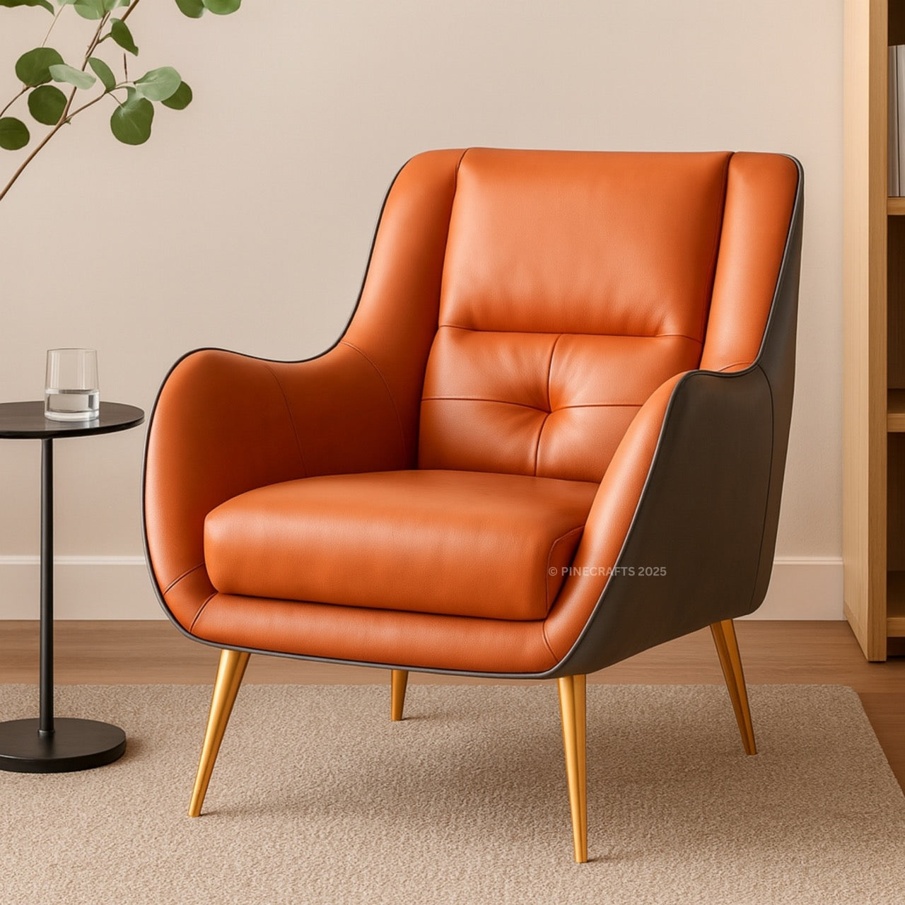 Orange leather armchair in a room with a side table and plant