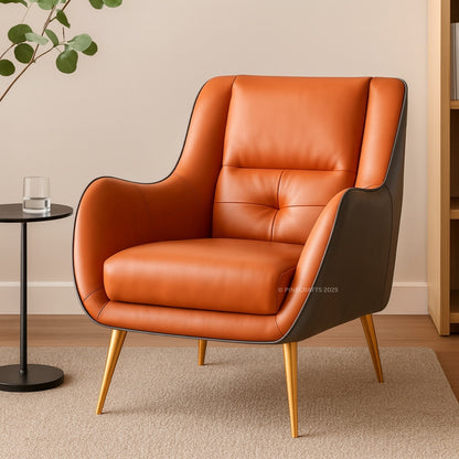 Orange leather armchair in a room with a side table and plant