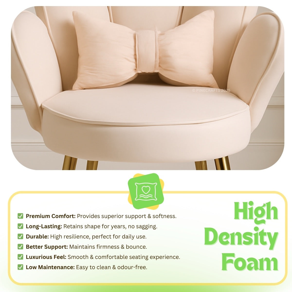 Beige armchair with a large cushion featuring high-density foam text and graphics.