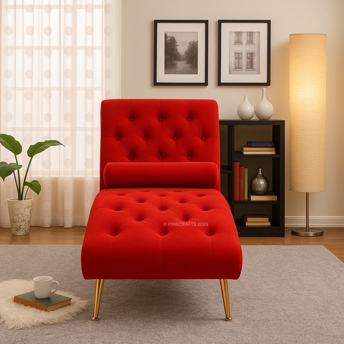 Red tufted chair with gold legs in a living room setting.