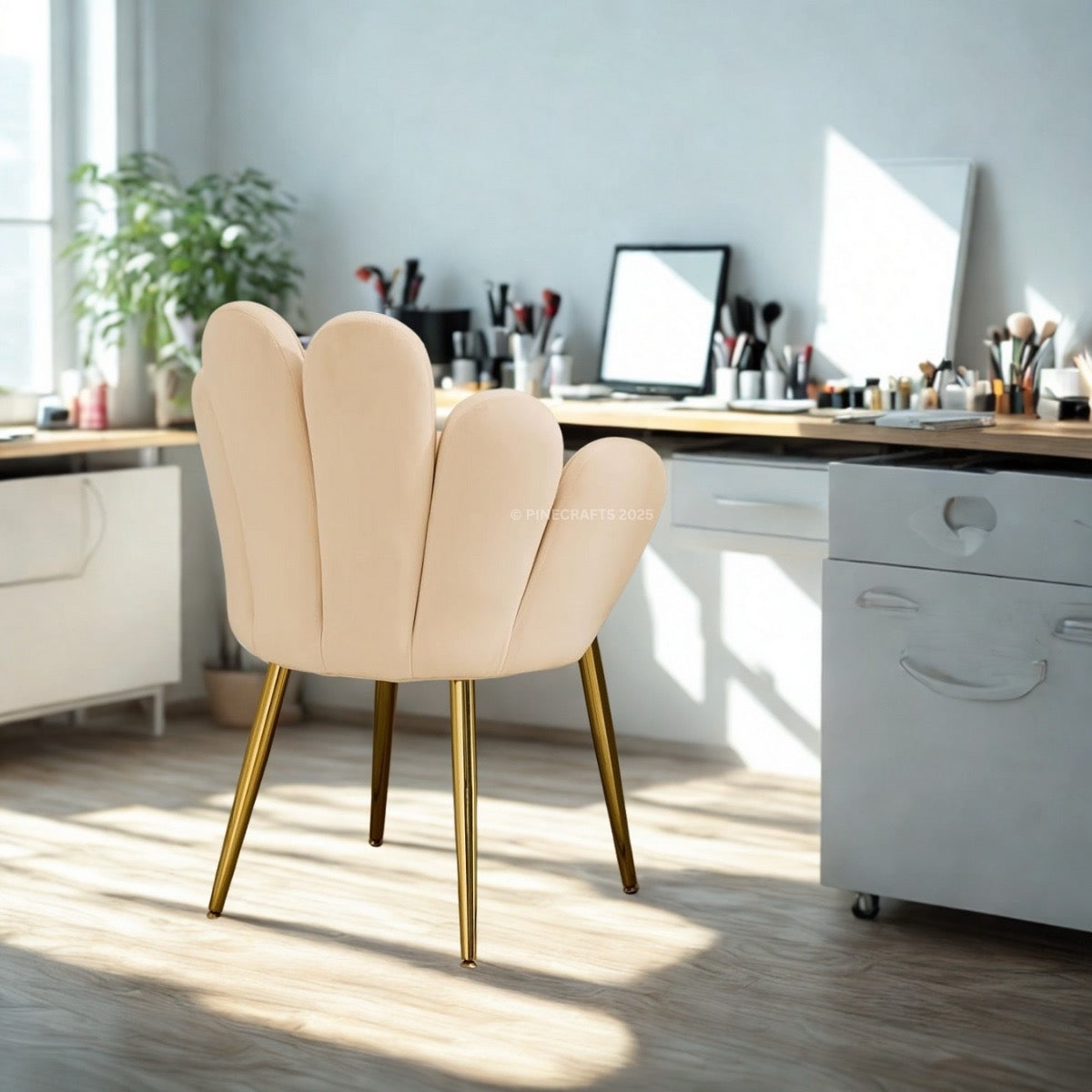 Beige chair with gold legs in a home office setting
