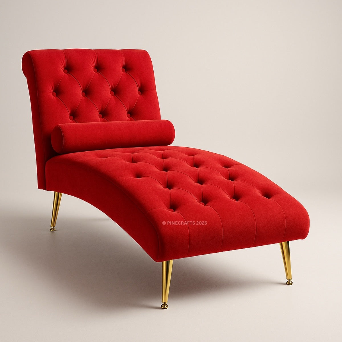 Red tufted chaise lounge with gold legs on a beige background