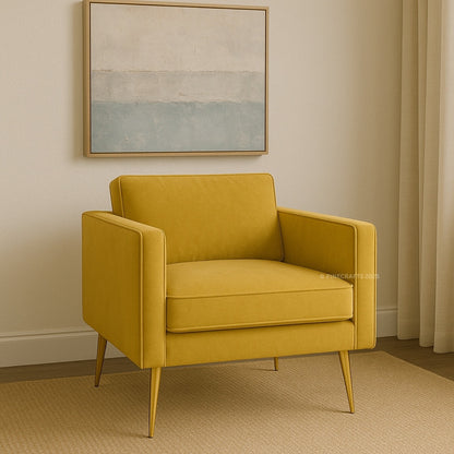 Yellow armchair in a room with a painting on the wall