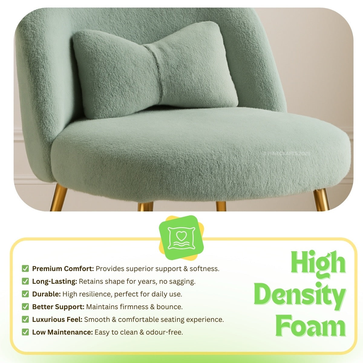 Green armchair with high density foam text and features on a white background