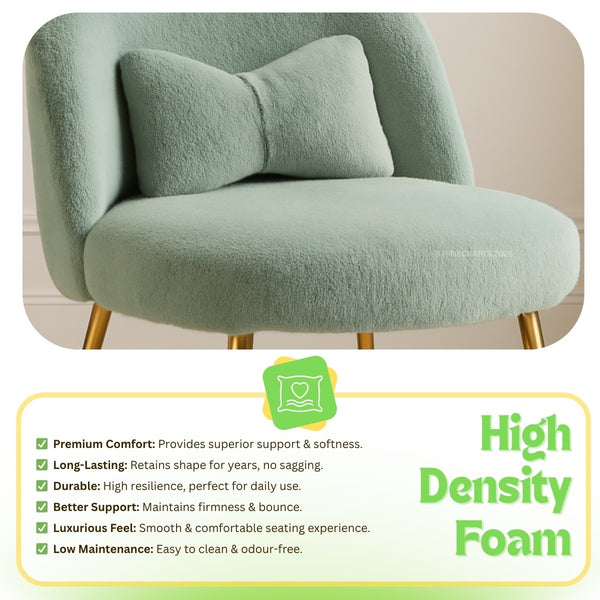 Green armchair with high density foam text and features on a white background