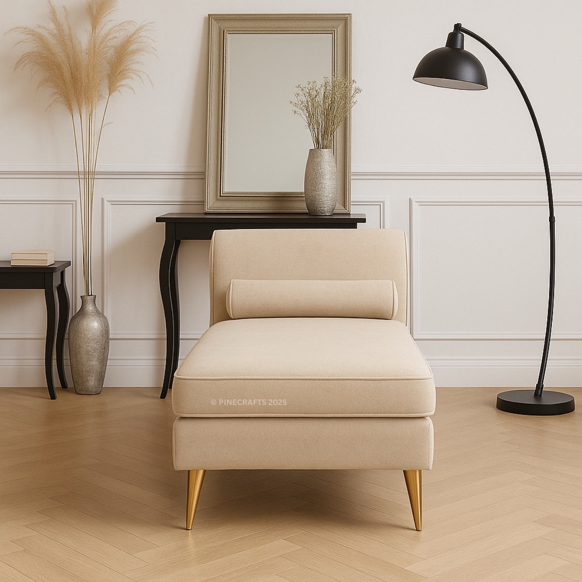 Beige armchair in a stylish room with a mirror, lamp, and decorative items.