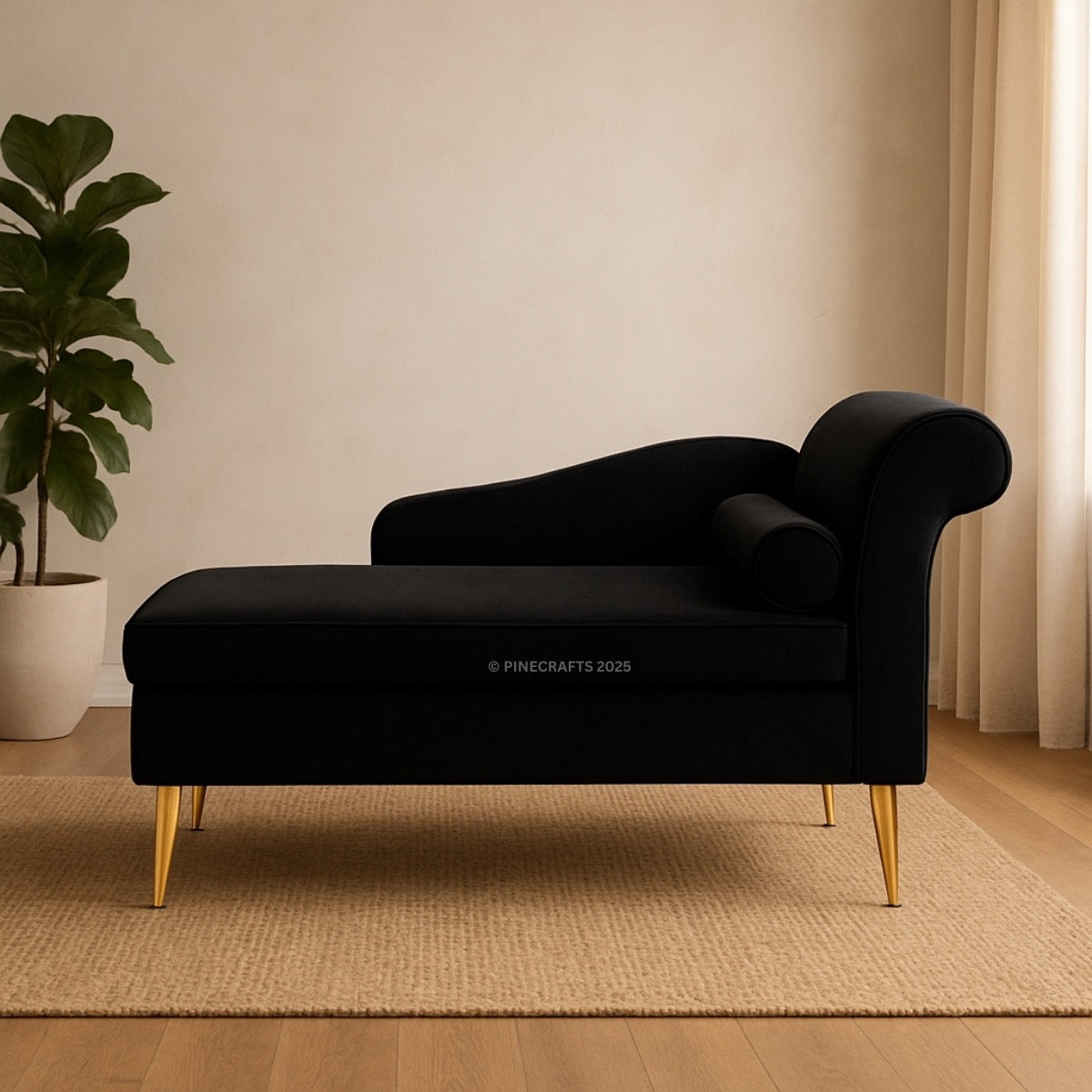 Black chaise lounge with gold legs in a room with a plant and beige walls.