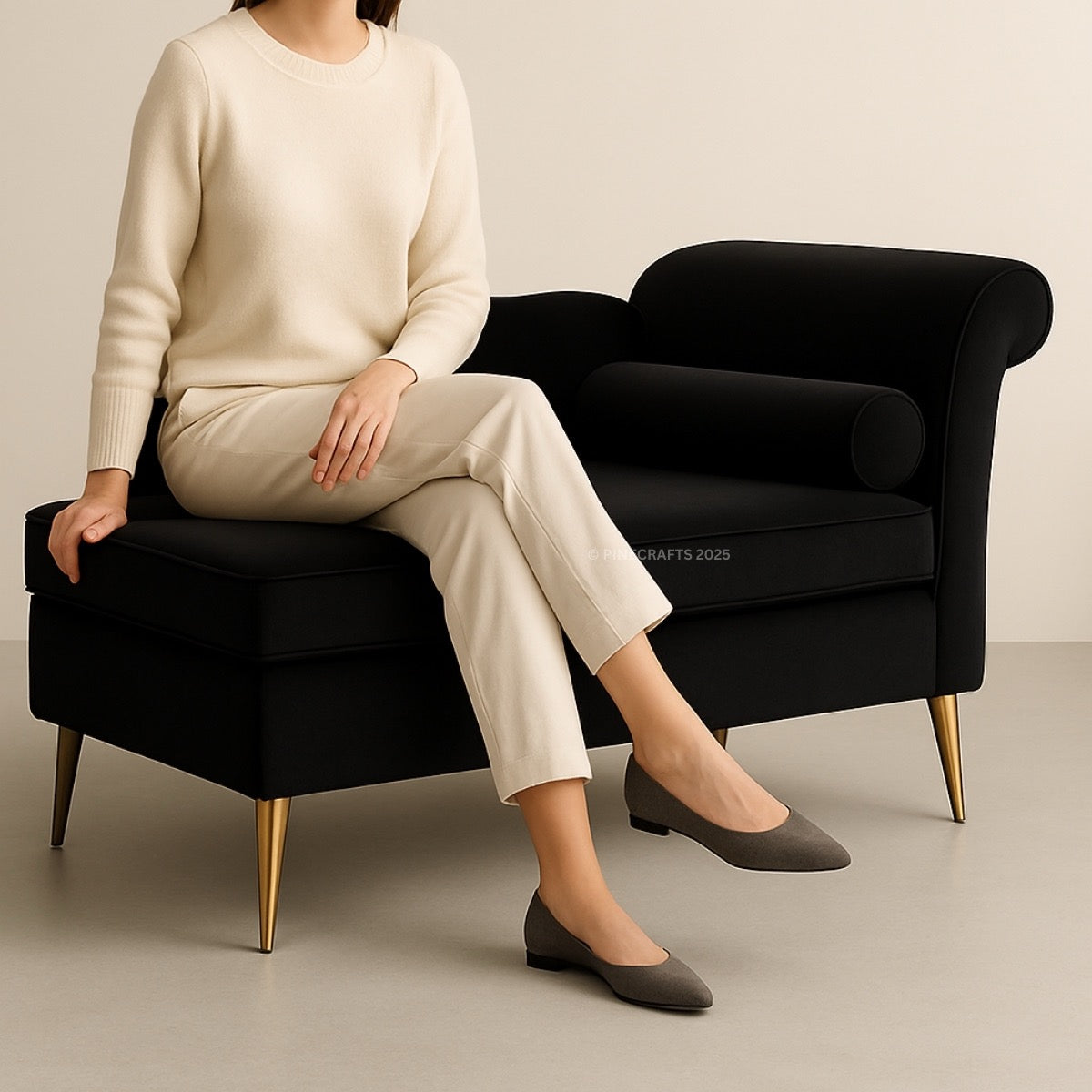 Person sitting on a black armchair wearing a beige sweater, pants, and shoes.