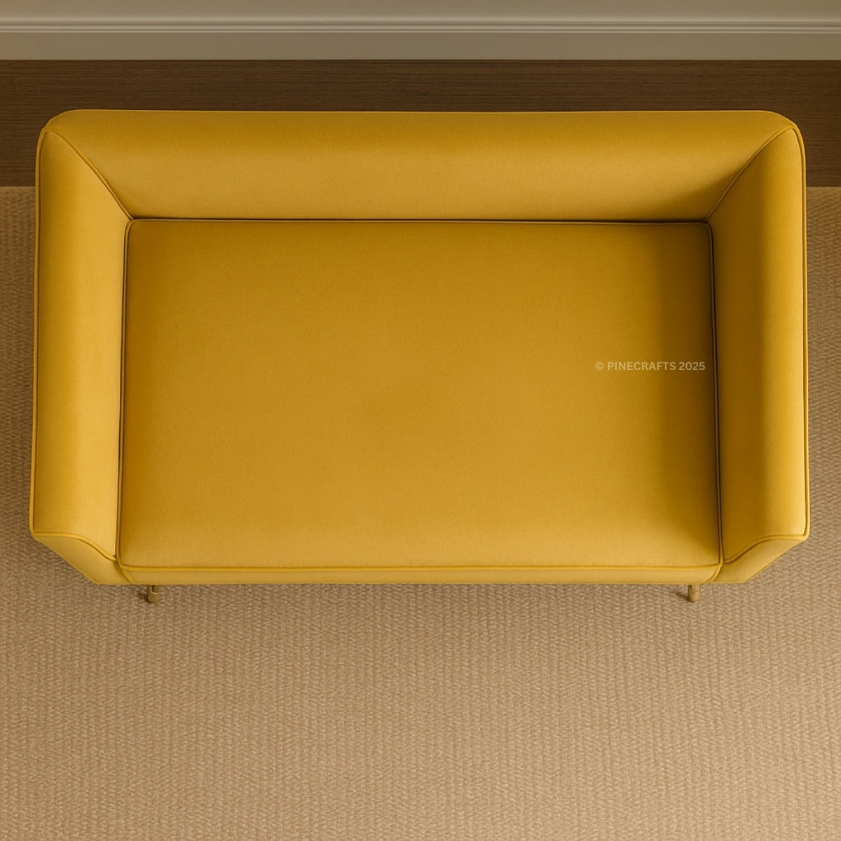Yellow bench on a brown carpet with 'Pinecrafts' branding.