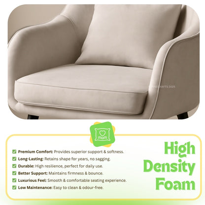 Beige armchair with high-density foam features and benefits displayed below.